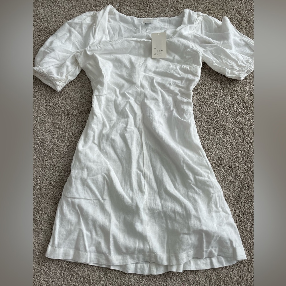 A New Day Crisp White Mini Dress Linen Blend Graduation Dress Women’s Size 2 NWT